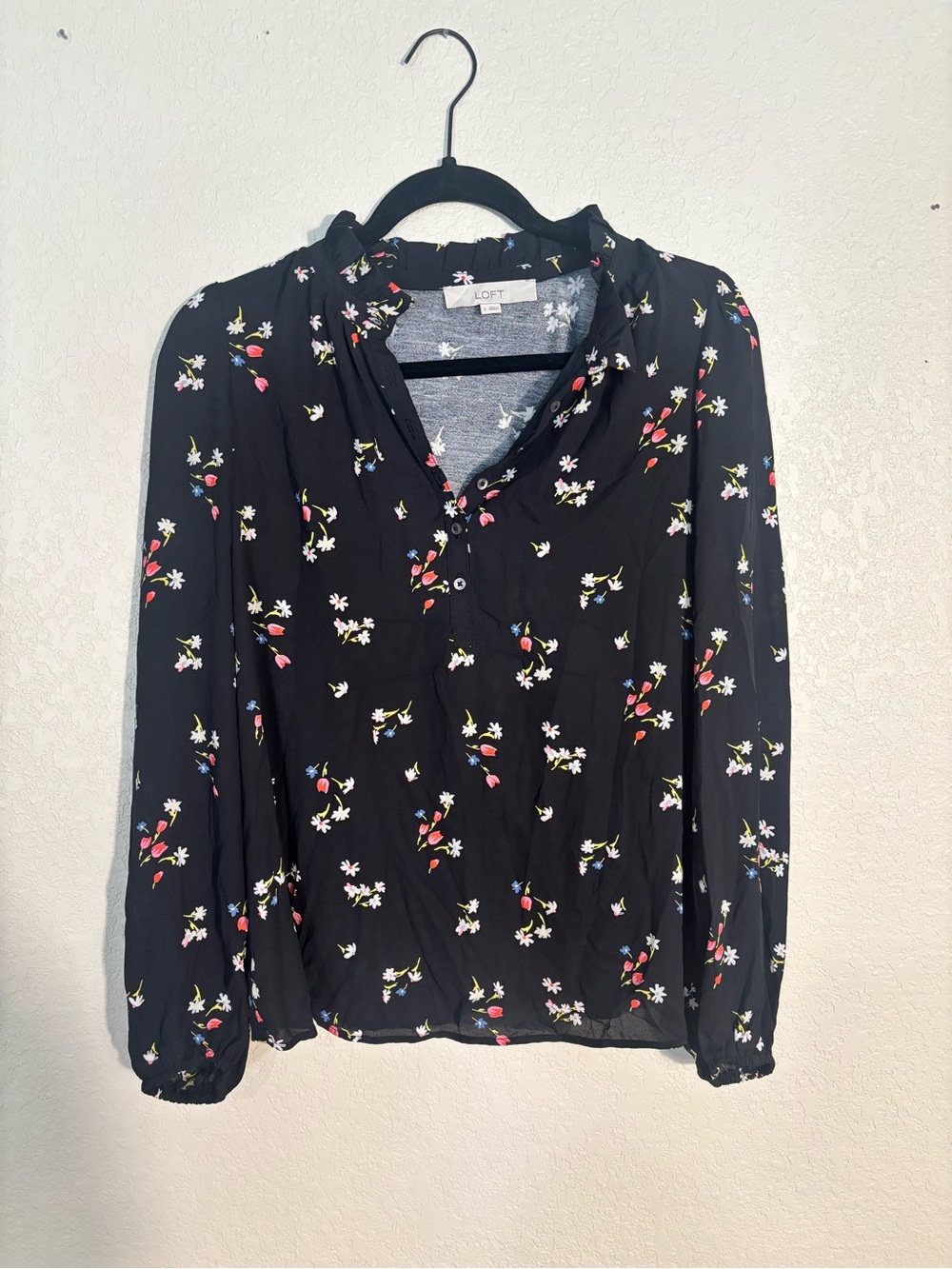 LOFT Black Floral Button-Front Blouse with Subtle Ruffle